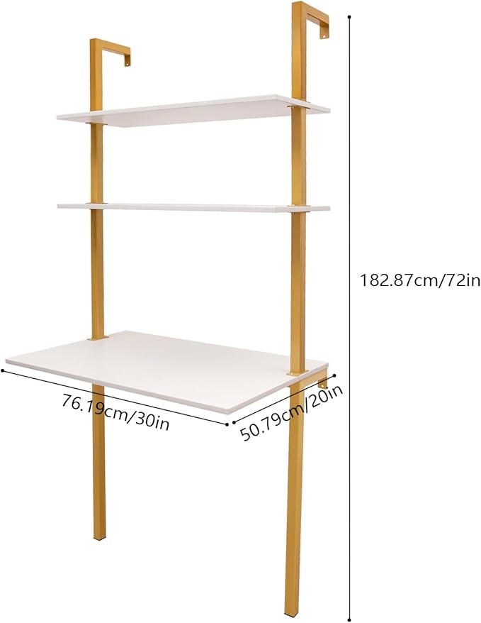 Wall Mounted Desk Computer Writing Table Wall Mount Ladder Small Computer Desktop 3Tier Computer Desk Storage Desk Cabinet with Power Strip for Home Office Student Dormitories (Gold White)