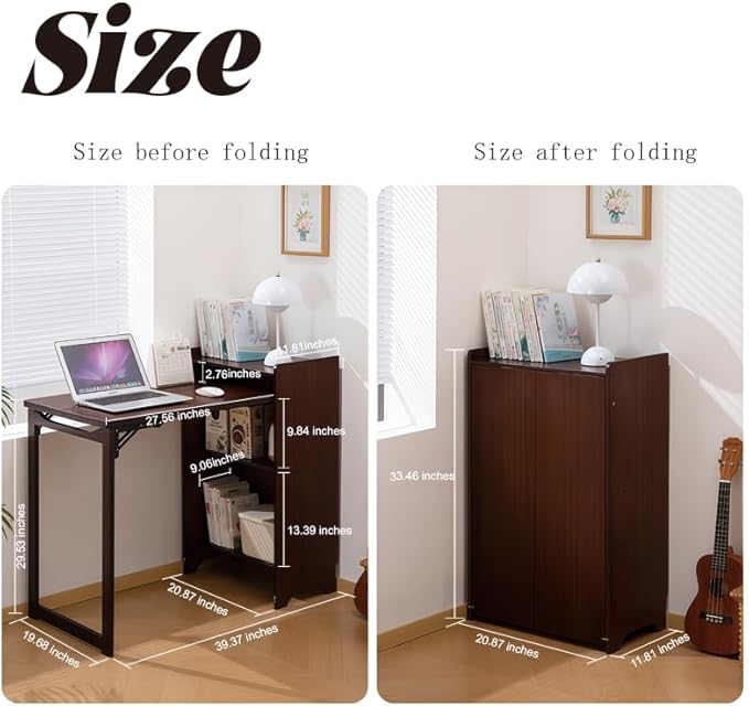 Wall Mounted Office Desk Fold Out Convertible Computer Desks with Storage Shelves Multi-Function Folding Wall Desk Writing Table for for Small Spaces Home Office (Walnut)