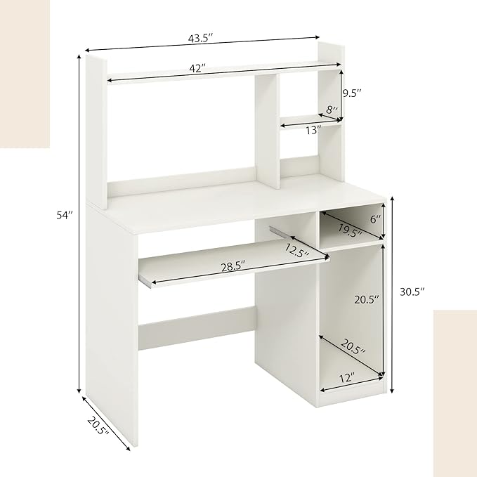 Home Office Desk w/Hutch Gaming Table Workstation w/Keyboard Tray CPU Stand &amp Bookshelf Modern &amp Space-Saving Writing Desk for Dorm Bedroom White
