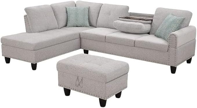 Sophisticated Simplicity Sectional Sofa with Ottoman Living Room Set Left Facing Chaise 2 Cup Holders 2 Throw Pillows Tufted Back and Seat - 99.5 D x 67 W x 32 H Light Gray