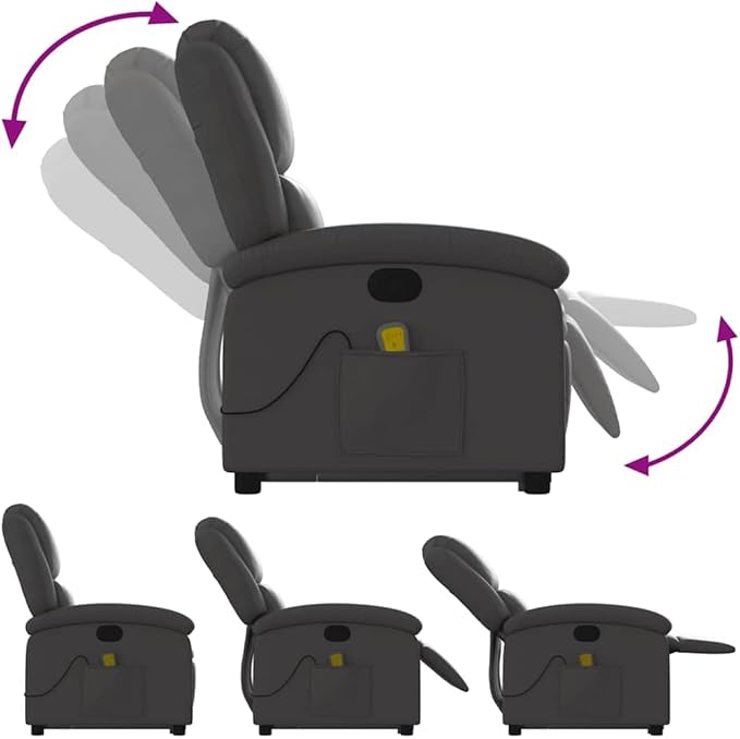 vidaXL Gray Real Leather Power Lift Massage Recliner - Electric Motor Stand-Up Armchair Manual Tilt Vibration Massage Foam Padded