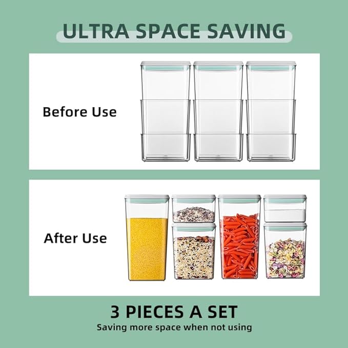 Ankou Pop Airtight Food Storage Containers with Lids- 3 Pcs Stackable One Button Opening Food Containers Kitchen Pantry Storage Containers for Snacks Candy Salt Herbs Spices BPA-Free (1.2 QT * 3)