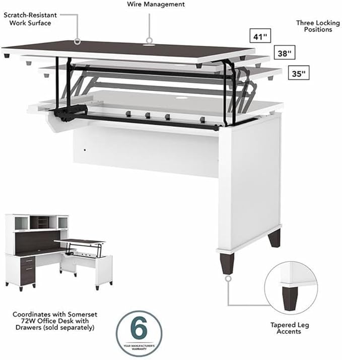 Pemberly Row Wood Sit to Stand L Shaped Desk 72W x 66D Adjustable 3 Position Height White and Gray Finish Engineered Wood Wire Management Office Desk with Drawers