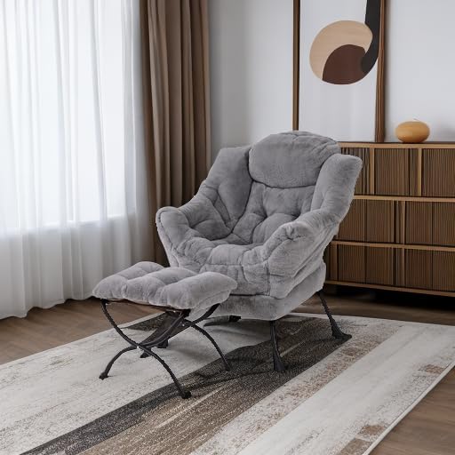 Welnow Lazy Chair with Ottoman Modern Accent Chair with Armrests and a Side Pocket Leisure Sofa Armchair Reading Armchair with Footrest for Small Space Plush Grey
