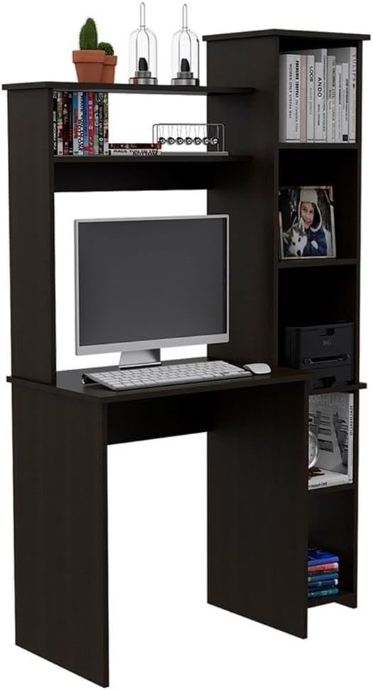 BOWERY HILL Modern Engineered Wood Home Office Desk Black Wengue Finish 63.9 H x 39.7 W x 17.8 D Hutch with Shelves Side Bookcase Space-Saving Design Ideal for Small Home Office