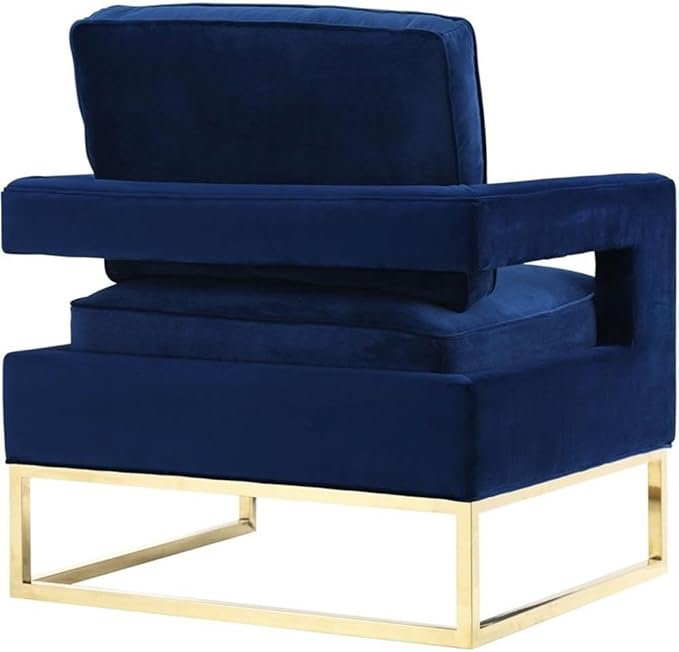 TOV Furniture The Avery Collection Modern Style Living Room Den Leather Upholstered Armchair with Gold Legs Navy