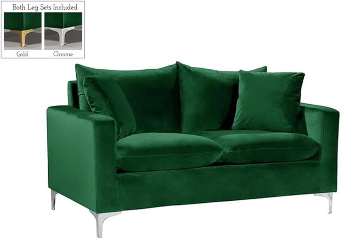 Meridian Furniture Naomi Collection Modern | Contemporary Green Velvet Upholstered Loveseat with Stainless Steel Base in a Rich Gold or Chrome Finish 58 W x 33.5 D x 30 H