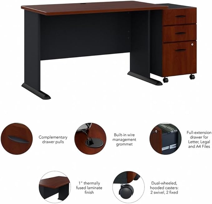 Bush Business Furniture Series A 48W Desk with Mobile File Cabinet in Hansen Cherry and Galaxy