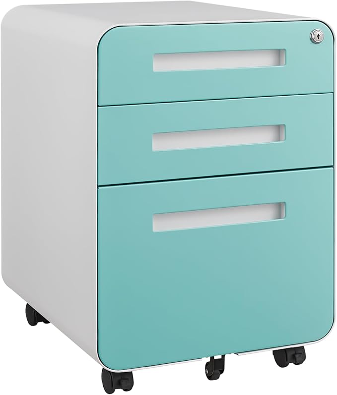3 Drawer Mobile File Cabinet with Lock Under Desk Metal Filing Cabinet for Home Office Assembled Removable Under Desk Storage with Wheels for A4-Size/Letter-Size/Legal-Size (Light Blue)