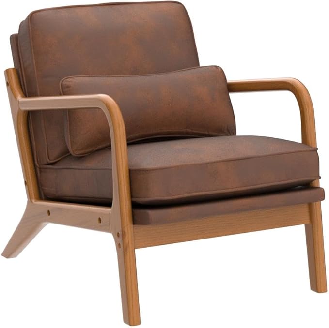 Karl home Accent Chair Mid-Century Modern Chair with Pillow Bronzing Cloth Upholstered Lounge Arm Chair with Solid Wood Frame &amp Soft Cushion for Living Room Bedroom Balcony Brown