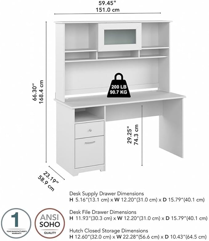 Pemberly Row 60W Computer Desk with Hutch Engineered Wood White Finish Built-in Wire Management File Drawer Open and Closed Shelving Home Office Desk for Workspace Organization