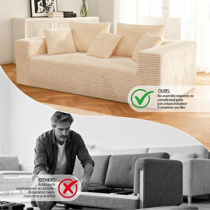 71 Cloud Boneless Loveseat Sofa Couch Bean Bag 3-Seater Couch with Memory Foam Corduroy Comfy Floor Sofa Deep Seat for Living Room Bedroom Apartment No Assembly (White)