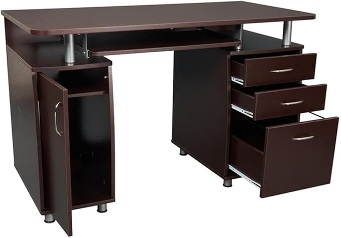 Scranton &amp Co Transitional Wood Computer Office Desk 48 W x 24 D x 30 H Chocolate Finish MDF Construction Built-in Storage CPU Stand Compartment Home Office Desk for Work or Study