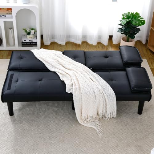Convertible Folding Futon Sofa Bed Fabric Linen Upholstered Modern Couch Loveseat Sleeper Folding Daybed Guest Bed Removable Armrests 2 Cup Holders Metal Legs (Black New)