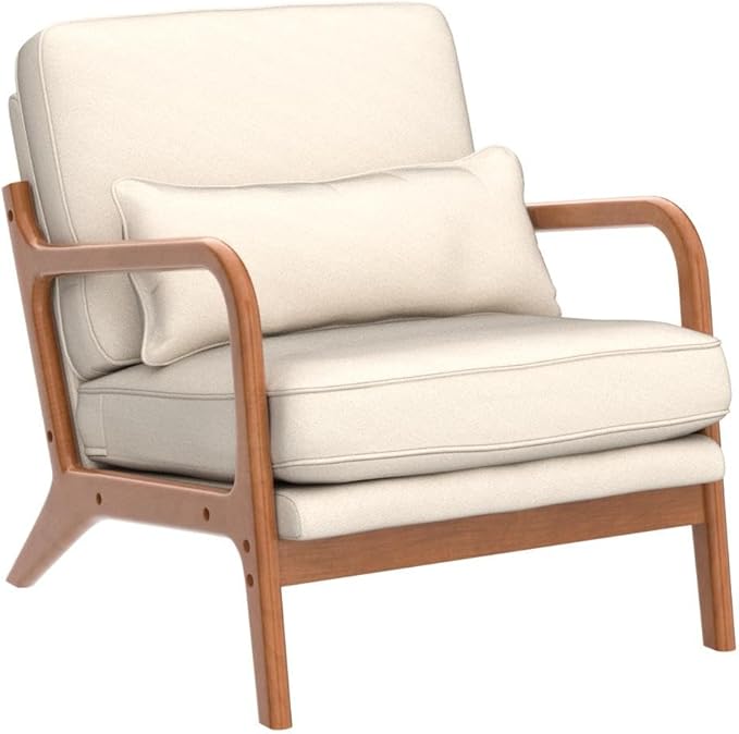 JOYBASE Lounge Accent Chair Mid Century Modern Chair Arm Chair Wood Frame Armchair for Living Room Bedroom (Off-White Fabric)