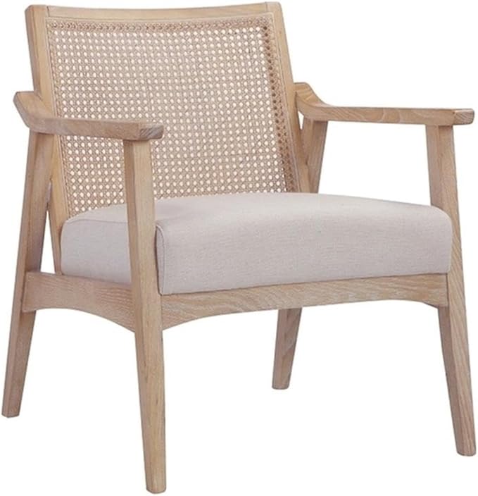 Pemberly Row Contemporary Lounge Chair Bone Boucle Fabric Oak Wood Finish Modern Cane Armchair Minimalist Accent Chair for Living Room or Bedroom Use