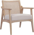 Pemberly Row Contemporary Lounge Chair Bone Boucle Fabric Oak Wood Finish Modern Cane Armchair Minimalist Accent Chair for Living Room or Bedroom Use