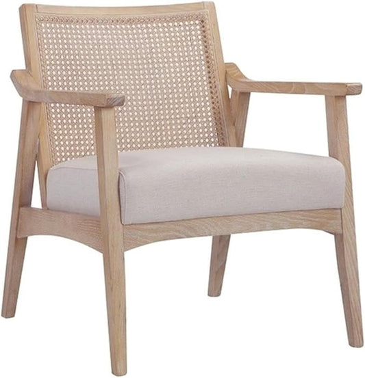 Pemberly Row Contemporary Lounge Chair Bone Boucle Fabric Oak Wood Finish Modern Cane Armchair Minimalist Accent Chair for Living Room or Bedroom Use
