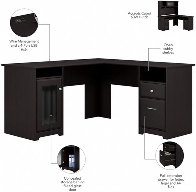 Bush Home Cabot 60W L Shaped Computer Desk with Hutch and 5 Shelf Bookcase in Espresso Oak