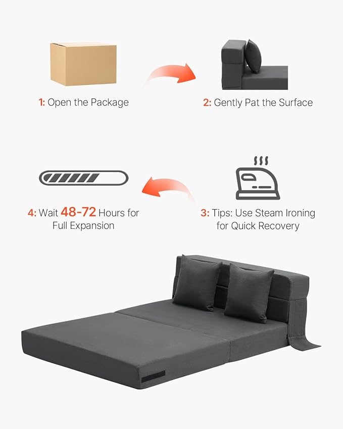 VEVOR Folding Sofa Bed 3-in-1 Foldable Couch Bed with 2 Pillows and Washable Cover 25D High Density Memory Foam Convertible Sleeper Chair Bed Futon Couch for Living Room Bedroom Dark Grey(Twin)