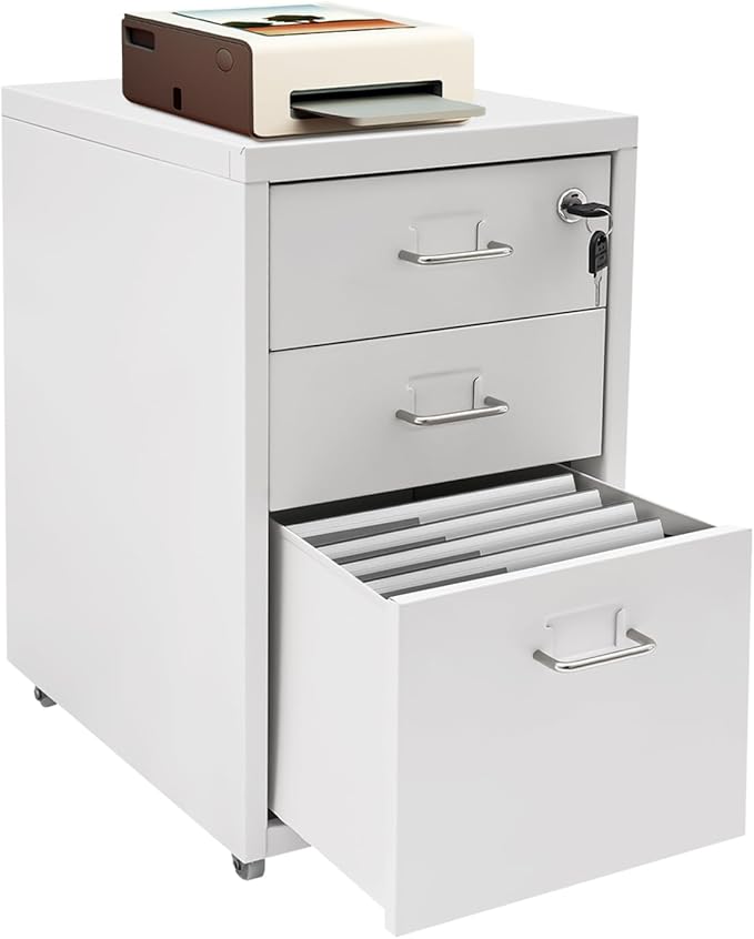 3-Drawer File Cabinet Mobile Under Desk Storage Small Metal Storage Cabinet with Lock for Home Office A4-11 L x 16 W x 18.3 H (White)