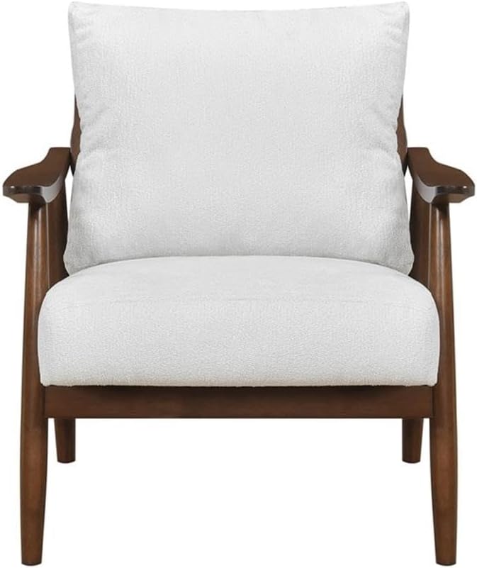 Pemberly Row Mid-Century Textured Fabric Accent Chair Beige Upholstery Rubberwood Frame Foam Padding Reversible Cushions Tapered Legs Versatile Living Room or Bedroom Seating