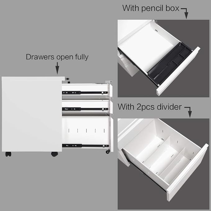 Steel 3 Drawer File Cabinet with Lock Rolling Locking Filing Cabinet with Wheels Mobile Metal Steel Office Cabinets Under Desk with Key