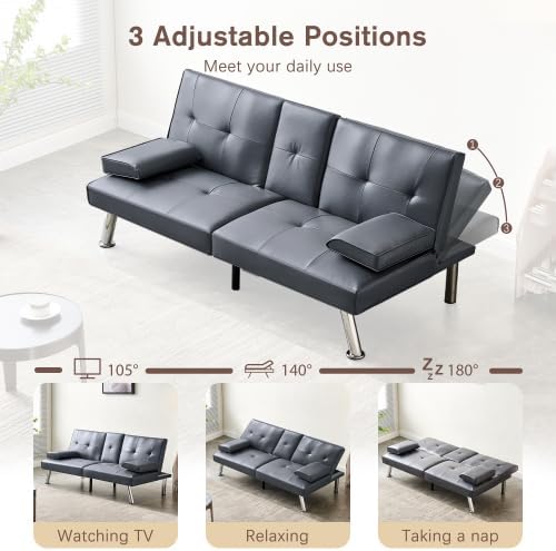 Convertible Folding Futon Sofa Bed with Metal Legs &amp 2 Cupholders Modern New Upholstered Couch Loveseat Sleeper Folding Couches Bed Removable Armrests for Small Spaces (Gray)