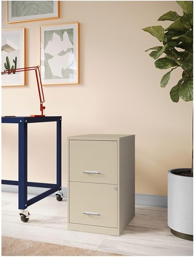 Pemberly Row 2-Drawer Metal Filing Cabinet 18 Deep Putty/Beige Finish Letter-Size Hanging Files High-Side Drawers Cam Lock Security Glide Suspension Home or Office Storage Solution