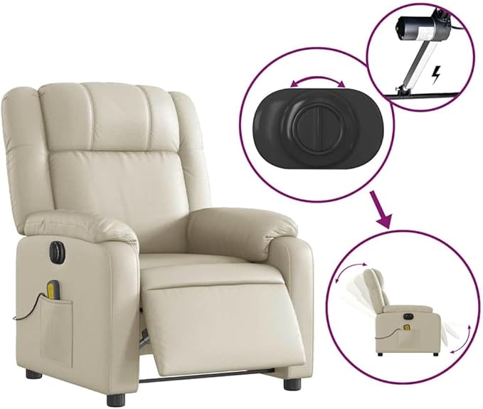 vidaXL Cream Electric Massage Recliner - Faux Leather Wingback Armchair with Vibration Sturdy Frame Electric Reclining Function for Living Room/Office