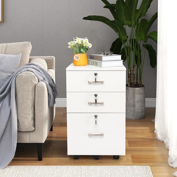 White 3 Drawer Mobile File Cabinet Rolling Document Storage for Home or Professional Office 15.7 L x 15.7 W x 26 H Under Desk Filing Cabinet Rolling Printer Stand with Wheels
