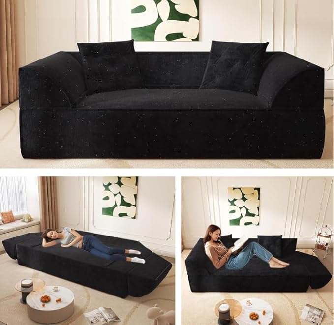 3-in-1 Convertible Folding Sofa Bed 79.5 Queen Size Sleeper Curved Couch Modern Deep Seat Fluffy Couch with 2 Pillows 3-Seater Sofa Sparkling Chenille Fabric Sofa (A-Black 3 Seat)