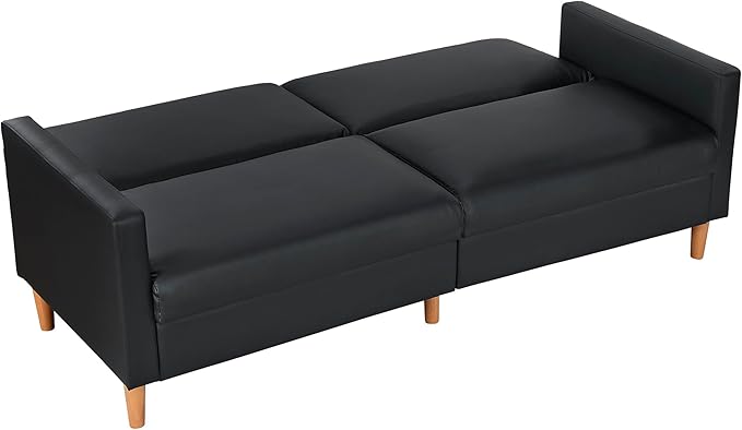 Lexicon 79W Convertible Futon Sofa Bed Loveseat Faux Leather Upholstered Couch Sleeper Adjustable Backrests Padded Pocket Coil Solid Wood Legs for Living Room Bedroom Apartment Office Black