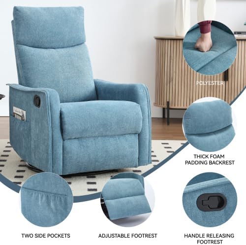 Massage Rocker Swivel Recliner Chair for Adults Manual Recliner Glider with Lumbar Heating Technical Flannel Fabric Nursery Glider Rocking Chair with Vibration Massage for Living Room - Blue