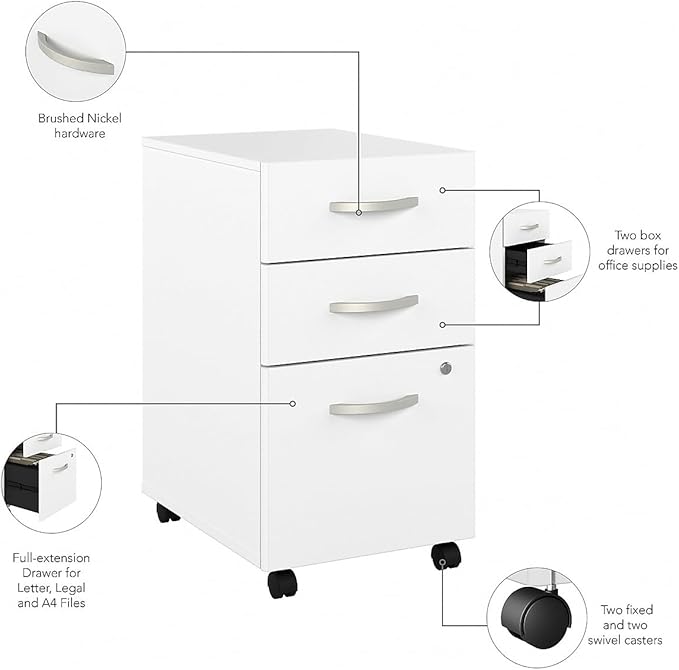 Bush Business Furniture Hybrid 3 Drawer Mobile File Cabinet in White - Assembled