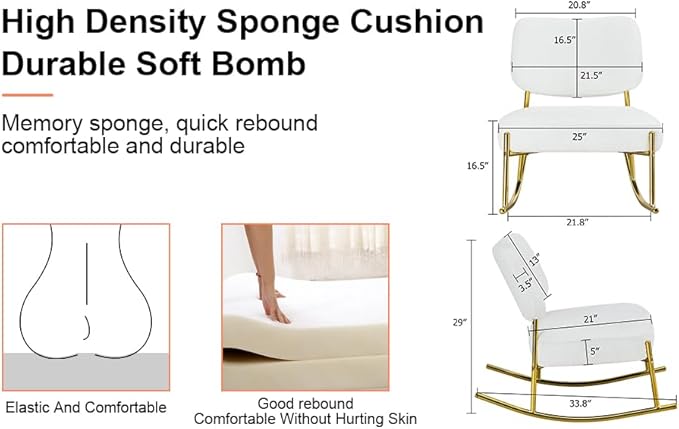 Teddy Suede Material Cushioned Rocking ChairUnique Rocking ChairCushioned seat White Rocking Chair with backrest and Golden Metal Legs. Comfortable Chairs in Living Room