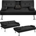 Modern Futon Sofa Bed 67 Inch Leather Convertible Futon Couch Loveseat Sleeper for Small SpacesComfy Folding Recliner Couches for Living Room Adjustable Backrest2 Cup HoldersMetal Legs (BLACK)