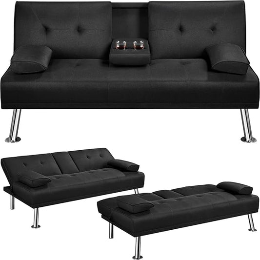 Modern Futon Sofa Bed 67 Inch Leather Convertible Futon Couch Loveseat Sleeper for Small SpacesComfy Folding Recliner Couches for Living Room Adjustable Backrest2 Cup HoldersMetal Legs (BLACK)