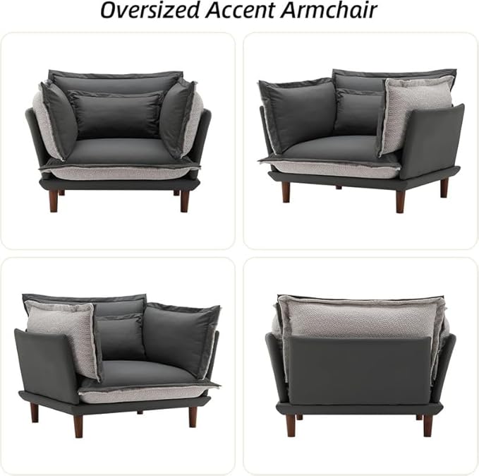 Leather Oversized Armchair Modern Accent Chair Single Sofa Lounge Chair Leather and Fabric Two-Faced Material 43.5 Wide 21.3 Seat Deepth for Living Room Bedroom (Blue Grey)