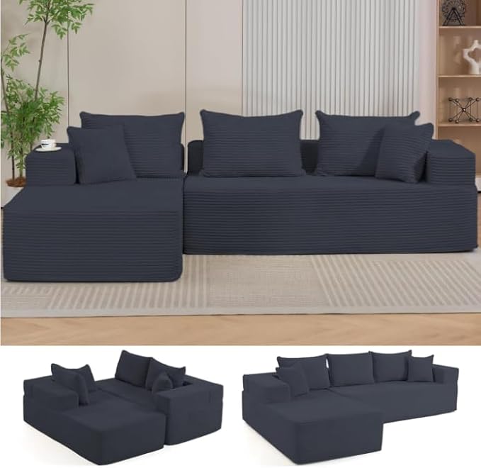 105'' Cloud Sectional Couch Modular L-Shaped Boneless Sectional Sofa Corduroy Deep Seat Couch Small Space Sofas for Living Room Bedroom Apartment No Assembly Black | Breathable material