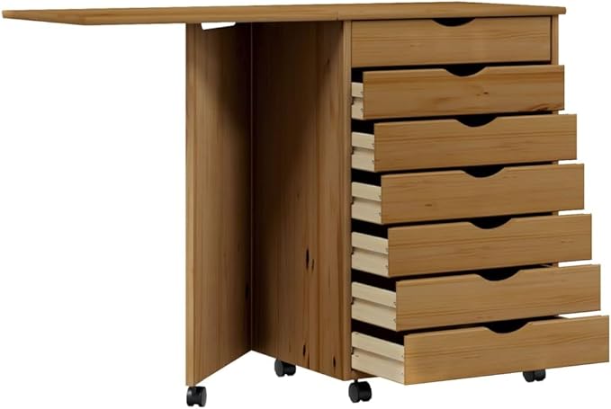 Foldable Design Rolling Cabinet with 7 Storage Drawers Mobile Home Office Study Writing Desk with Smooth Wheels Space Saving Compact Desk Honey Brown