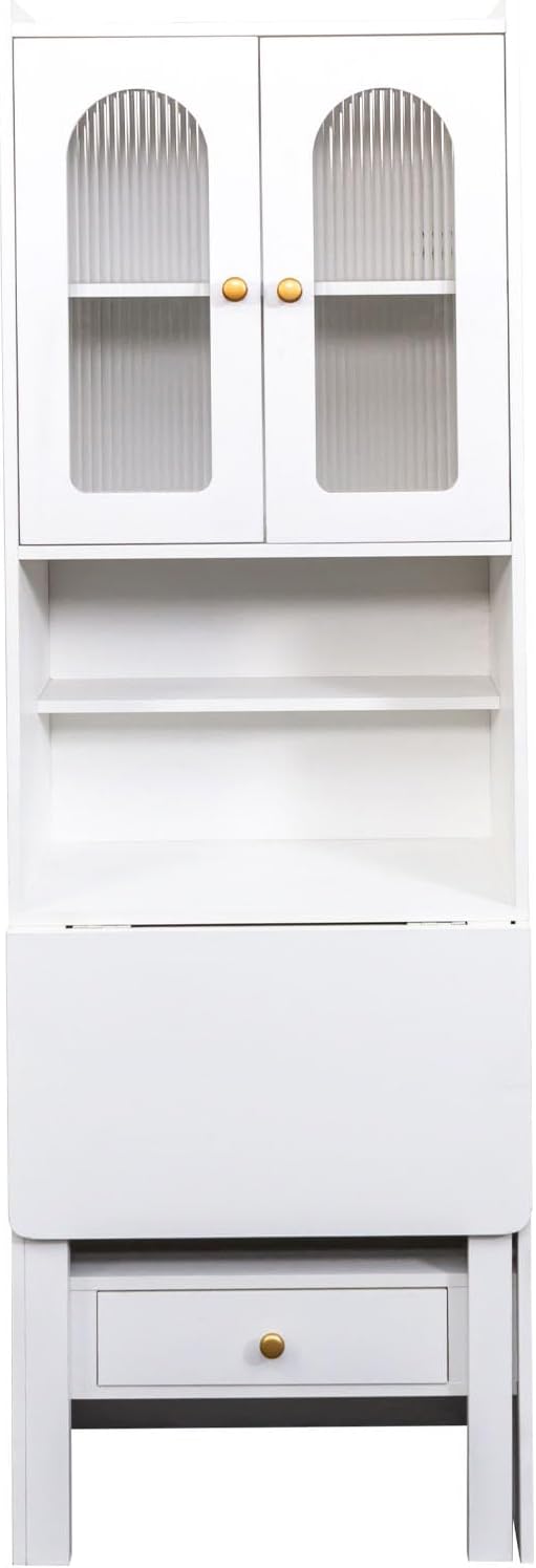 Convertible Fold Down Desk with Bookshelf &amp Drawer Multifunctional Murphy Desks with Storage Hideaway Fold Out Desk Cabinet for Small Spaces (White)