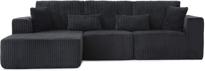 110 Inch Cloud Sectional Couch Modular Sectional Sofa with Deep Seat Corduroy Upholstered Boneless Couch for Living Room Bedroom Left Facing Chaise No Assembly Required (Black)