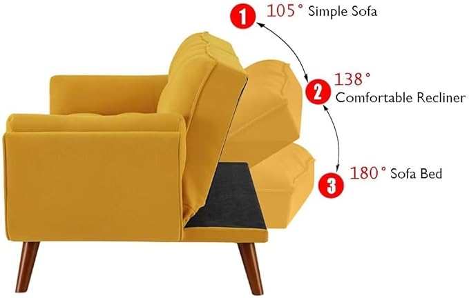 Convertible Sofa Bed Folding Loveseat Couch Modern Futon Recliner Sleeper with Adjustable Backrest Yellow