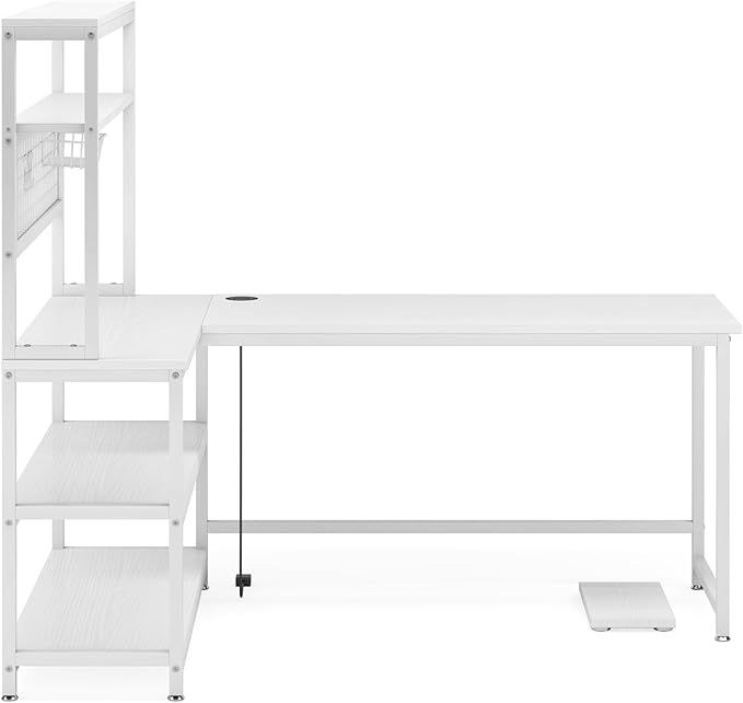 LITTLE TREE L-Shaped Computer Desk 55 Inch Reversible Office Desk Study Writing Table with Wireless Charging and Bookshelf for Home Office White