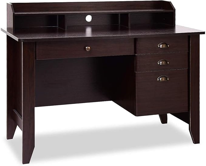 Giantex Topment Wood Computer Desk with 2 Tier Shelves Study and Writing Table with Three Side Drawers Laptop Table with a Smooth Slide-Out Long Drawer Work Station for Home &ampOffice