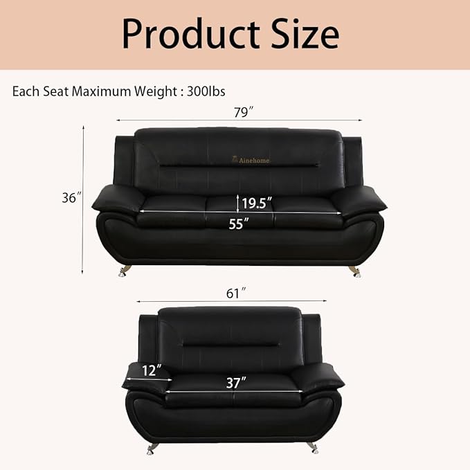A Ainehome Sectional Sofa Sets Living Room Furniture Sets Modern Faux Leather Sofa Couch 5-Seat Sofa for Living Room(A-Black Sofa+Loveseat)