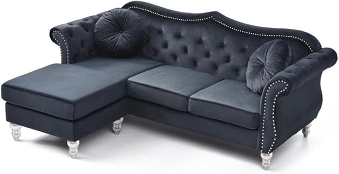 MAKLAINE Transitional Tufted Velvet Sofa Chaise Black Finish 81 in Wide Hardwood Frame Pocket Coil Seat Turned Wood Legs Hand Applied Nailheads Flared Arms Living Room Seating Includes 2
