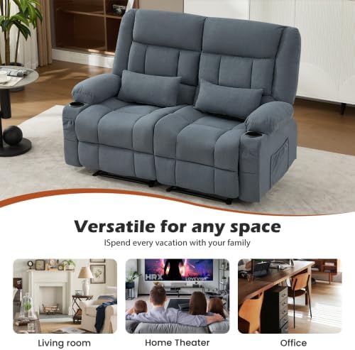 Recliner Loveseat Sofa with Cup Holders 2-Seater Fabric Reclining Couch Manual Recliner Chairs Sofas Wall Hugger for Living Room Small Spaces Home Theater RV Ergonomic Love Seats (Blue - 2 Seats)