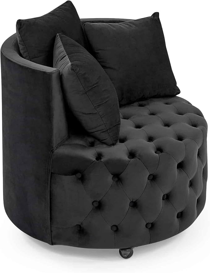 Velvet Upholstered Swivel Chair for Living Room with Button Tufted Design and Movable Wheels Including 3 Pillows Black